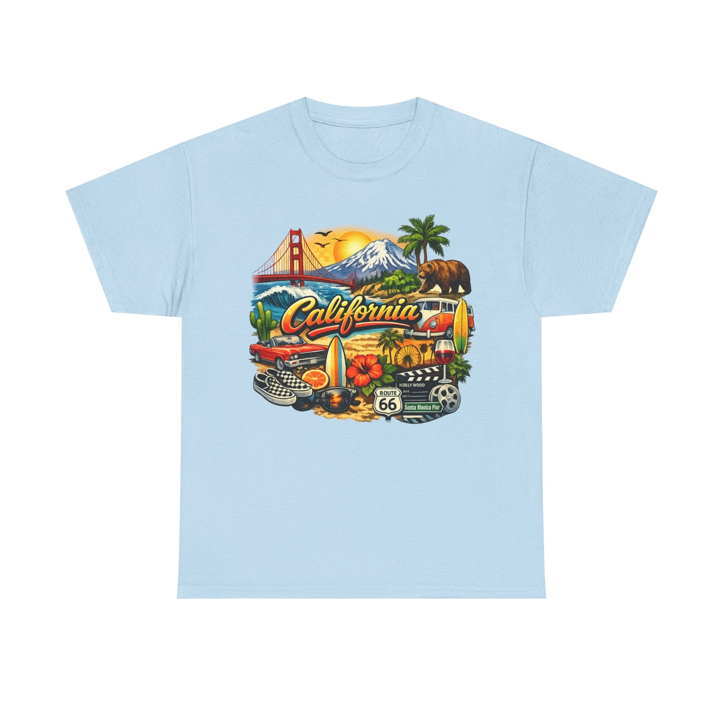 California Vintage Travel T-Shirt — Golden Gate, Palm Trees & Route 66 Tee