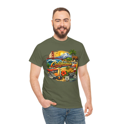 California Vintage Travel T-Shirt — Golden Gate, Palm Trees & Route 66 Tee
