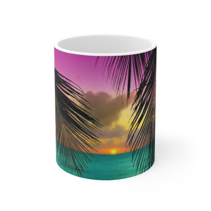 Tropical Sunset Coffee Mug — Palm Tree Beach Sunrise Ceramic Mug (11oz & 15oz)