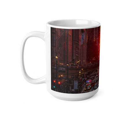 New York City Sunset Traffic Ceramic Coffee Mug — Urban Evening Skyline, 11oz & 15oz