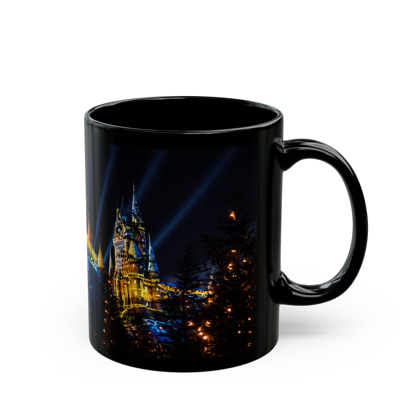 Hogwarts Night Castle Black Coffee Mug – Festive Illuminated Castle Panorama (11oz & 15oz)