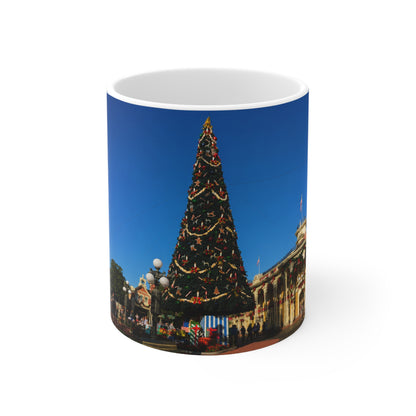 Magic Kingdom Town Square Christmas Mug — Festive Tree & Main Street Ceramic Coffee Cup (11oz, 15oz)