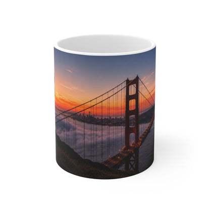 Golden Gate & Flag Sunrise Coffee Mug — San Francisco Sunset Ceramic Cup (11oz/15oz)
