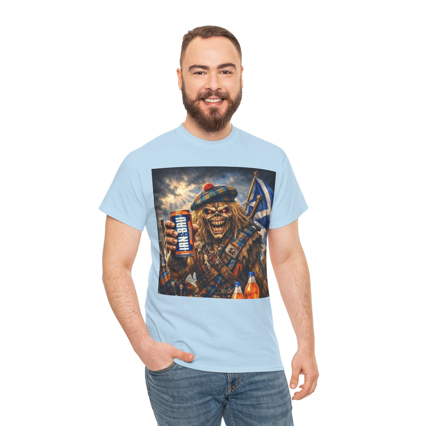 Scottish Rock Skull T‑Shirt — Eddie the Piper with Flag & Can Graphic Tee