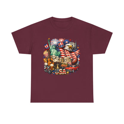 Patriotic USA Graphic Tee – American Flag, Statue of Liberty & Fireworks T-Shirt