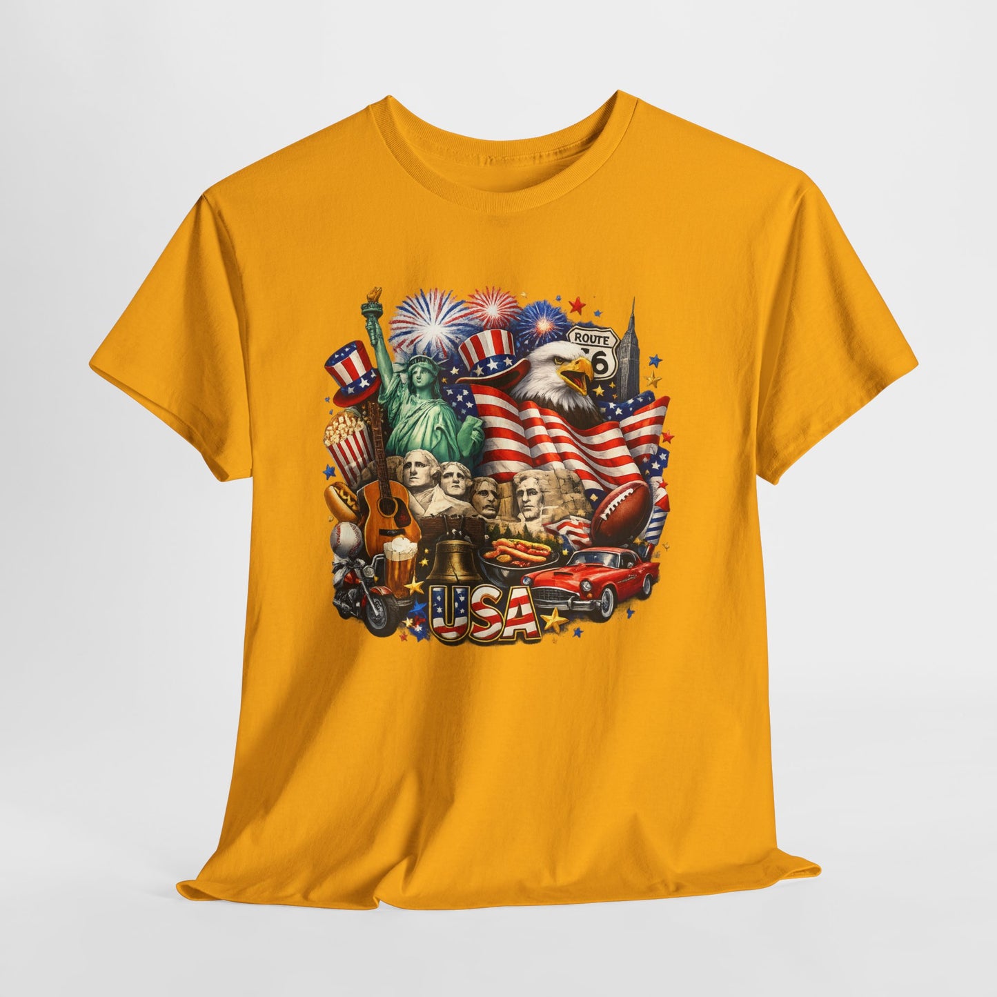 Patriotic USA Graphic Tee – American Flag, Statue of Liberty & Fireworks T-Shirt