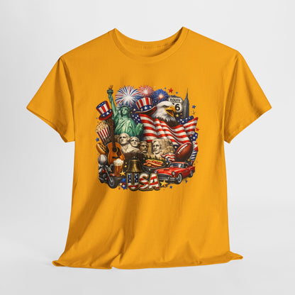 Patriotic USA Graphic Tee – American Flag, Statue of Liberty & Fireworks T-Shirt