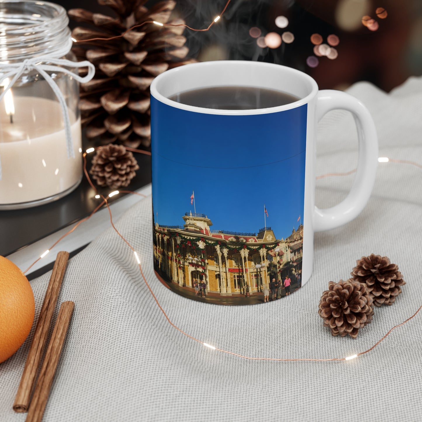 Magic Kingdom Town Square Christmas Mug — Festive Tree & Main Street Ceramic Coffee Cup (11oz, 15oz)