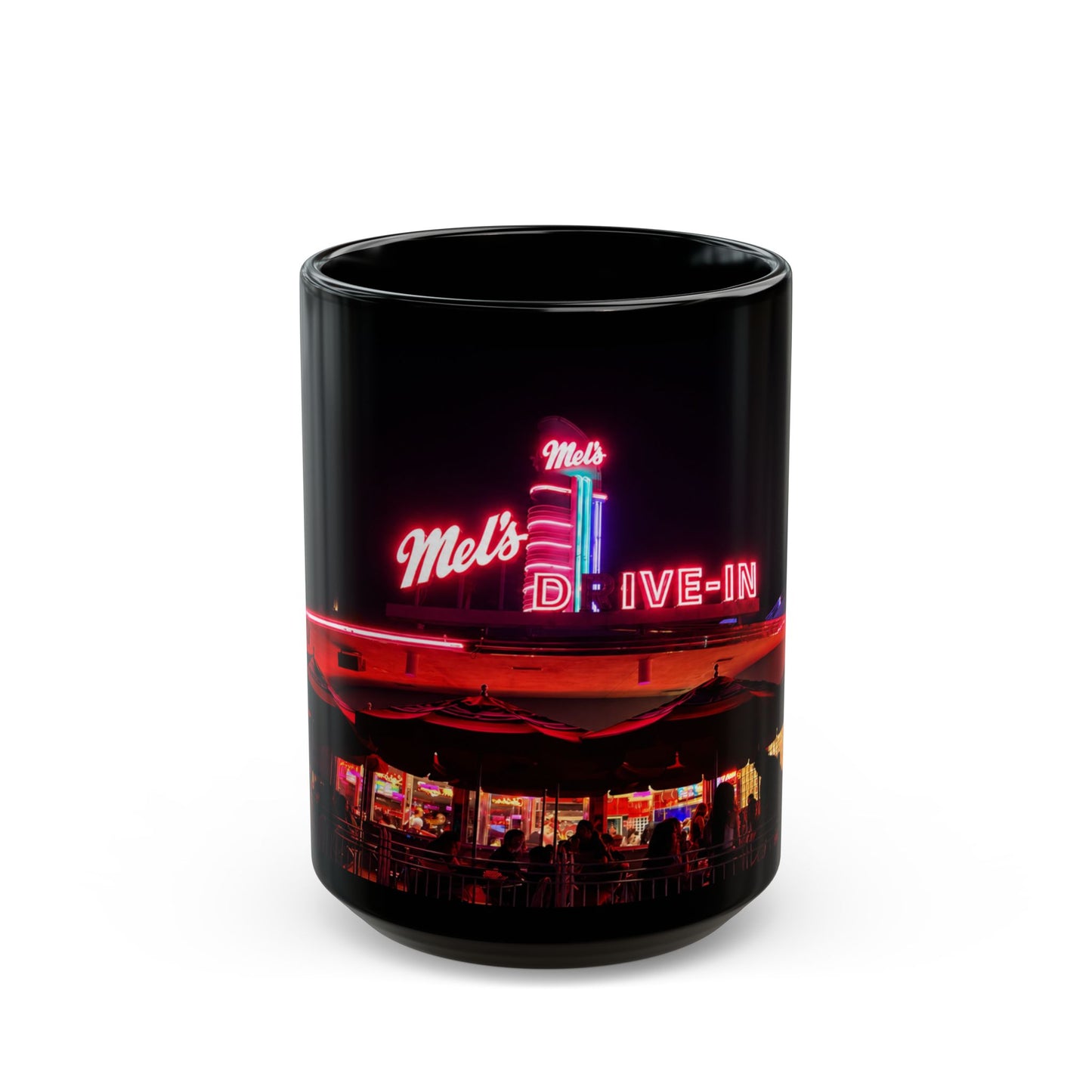 Mel's Drive-In Neon Night Coffee Mug — Retro Diner Black Ceramic Mug (11oz, 15oz)