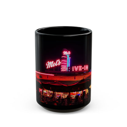 Mel's Drive-In Neon Night Coffee Mug — Retro Diner Black Ceramic Mug (11oz, 15oz)