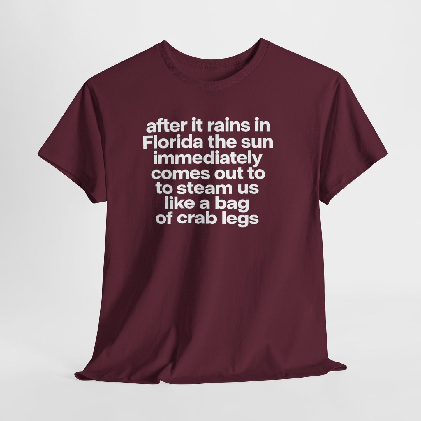 T-Shirt — "after it rains in Florida the sun immediately comes out to steam us like a bag of crab legs" Funny Florida Weather Tee