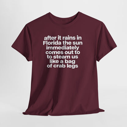 T-Shirt — "after it rains in Florida the sun immediately comes out to steam us like a bag of crab legs" Funny Florida Weather Tee