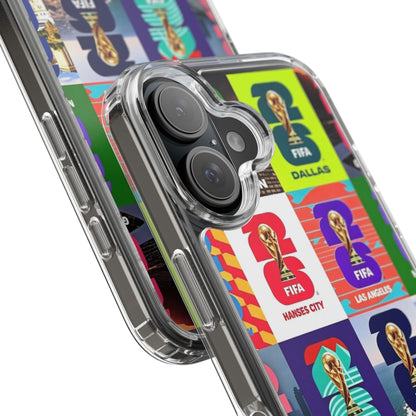 FIFA World Cup Pop Art Clear Phone Case — City Badge Collage (Dallas, LA, Monterrey, Toronto, Seattle)
