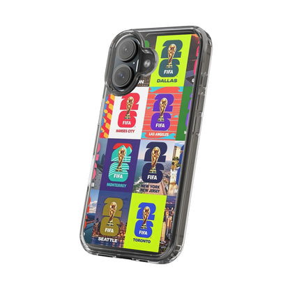 FIFA World Cup Pop Art Clear Phone Case — City Badge Collage (Dallas, LA, Monterrey, Toronto, Seattle)