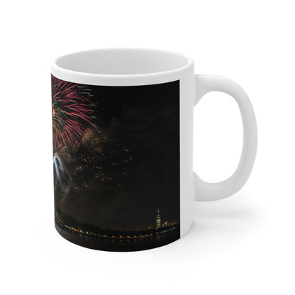 Statue of Liberty Fireworks Coffee Mug — Patriotic New York Night Skyline 11oz/15oz
