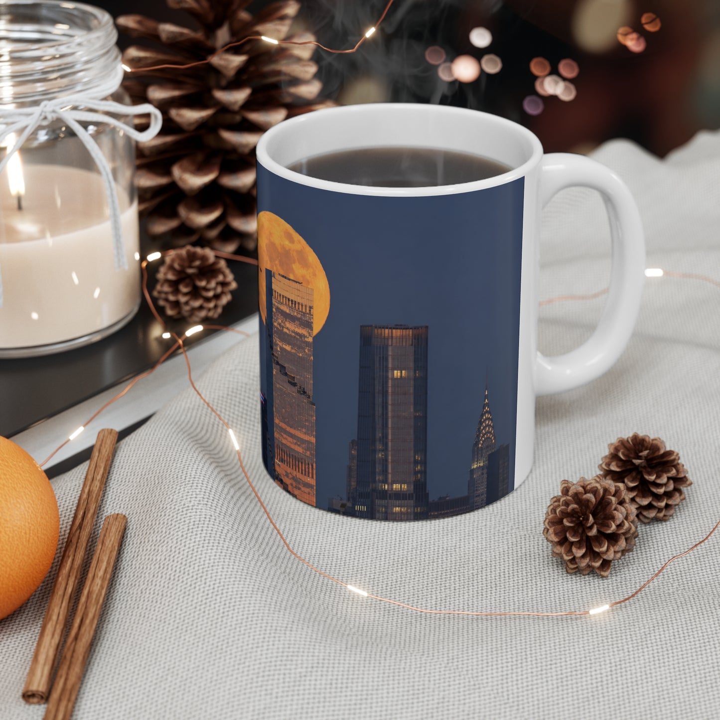 New York City Skyline Mug with Full Moon – NYC Nightscape Ceramic Coffee Cup (11oz, 15oz)
