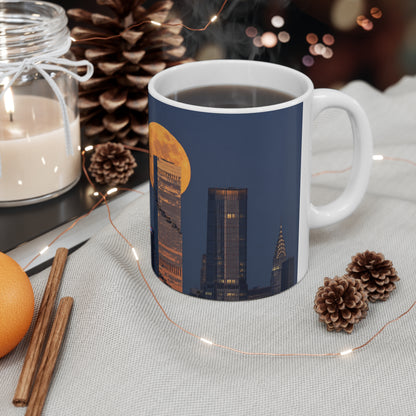New York City Skyline Mug with Full Moon – NYC Nightscape Ceramic Coffee Cup (11oz, 15oz)
