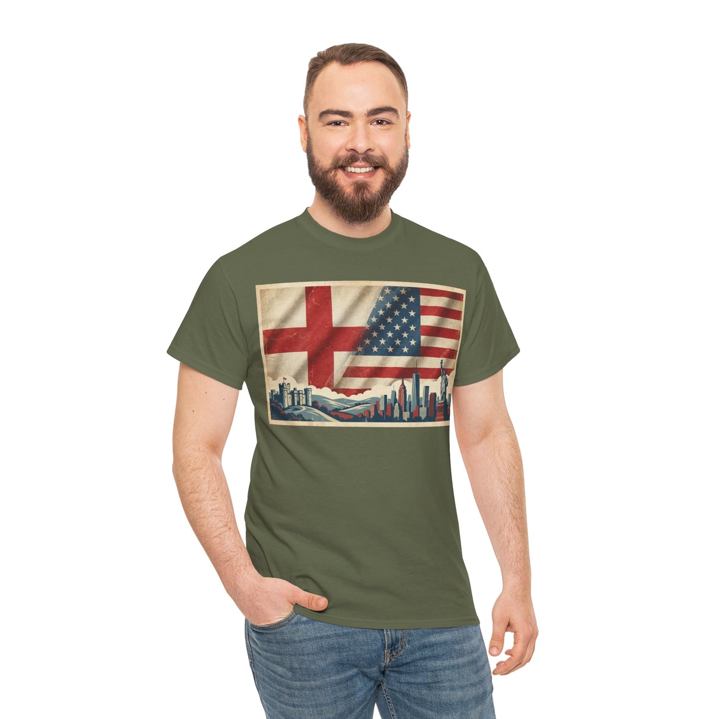 England + USA Flag Skyline T-Shirt — Vintage London & New York City Pride Tee