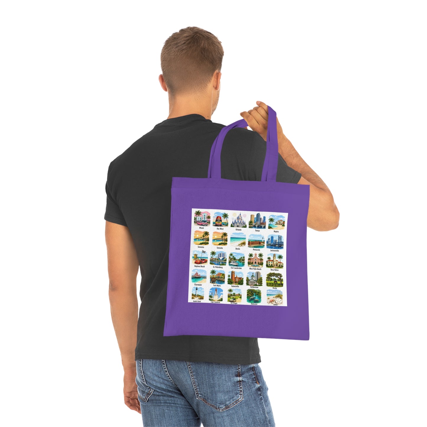Florida City Landmarks Collage Cotton Tote – Vintage Travel Postcard Design