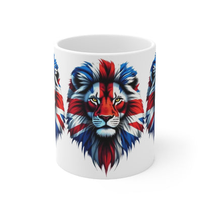 Union Jack 3 Lions Mug — British Flag Ceramic Coffee Cup (11oz & 15oz)