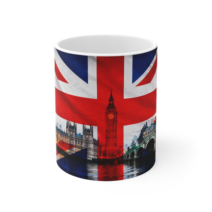 Union Jack London Mug — Ceramic Coffee Cup with Big Ben & Houses of Parliament (11oz, 15oz)
