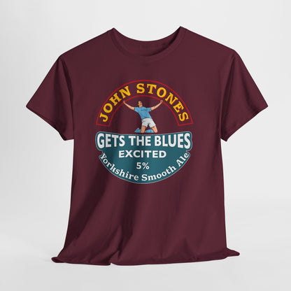 John Stones T-Shirt — "Gets The Blues Excited" Retro Ale Parody Tee