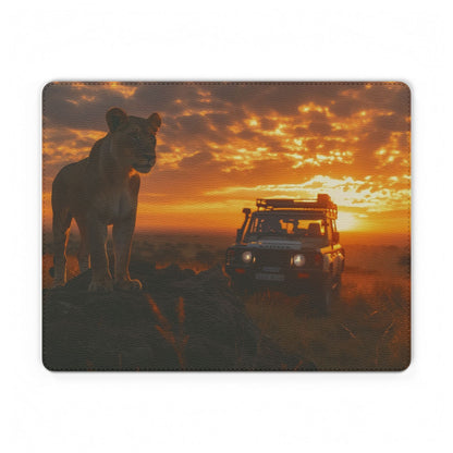 Safari Sunset PU Leather Mouse Mat — Lion & 4x4 Adventure Desk Pad