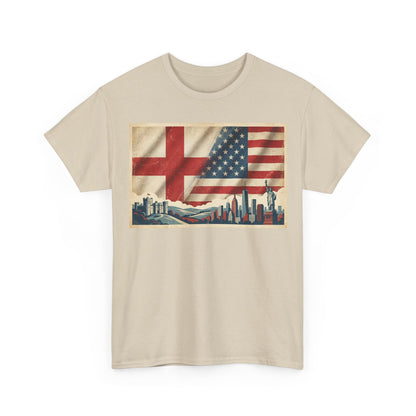 England + USA Flag Skyline T-Shirt — Vintage London & New York City Pride Tee
