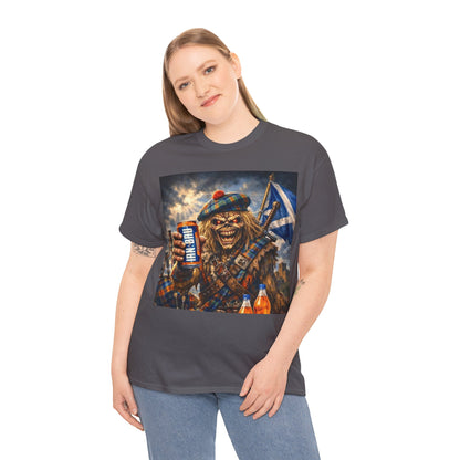 Scottish Rock Skull T‑Shirt — Eddie the Piper with Flag & Can Graphic Tee