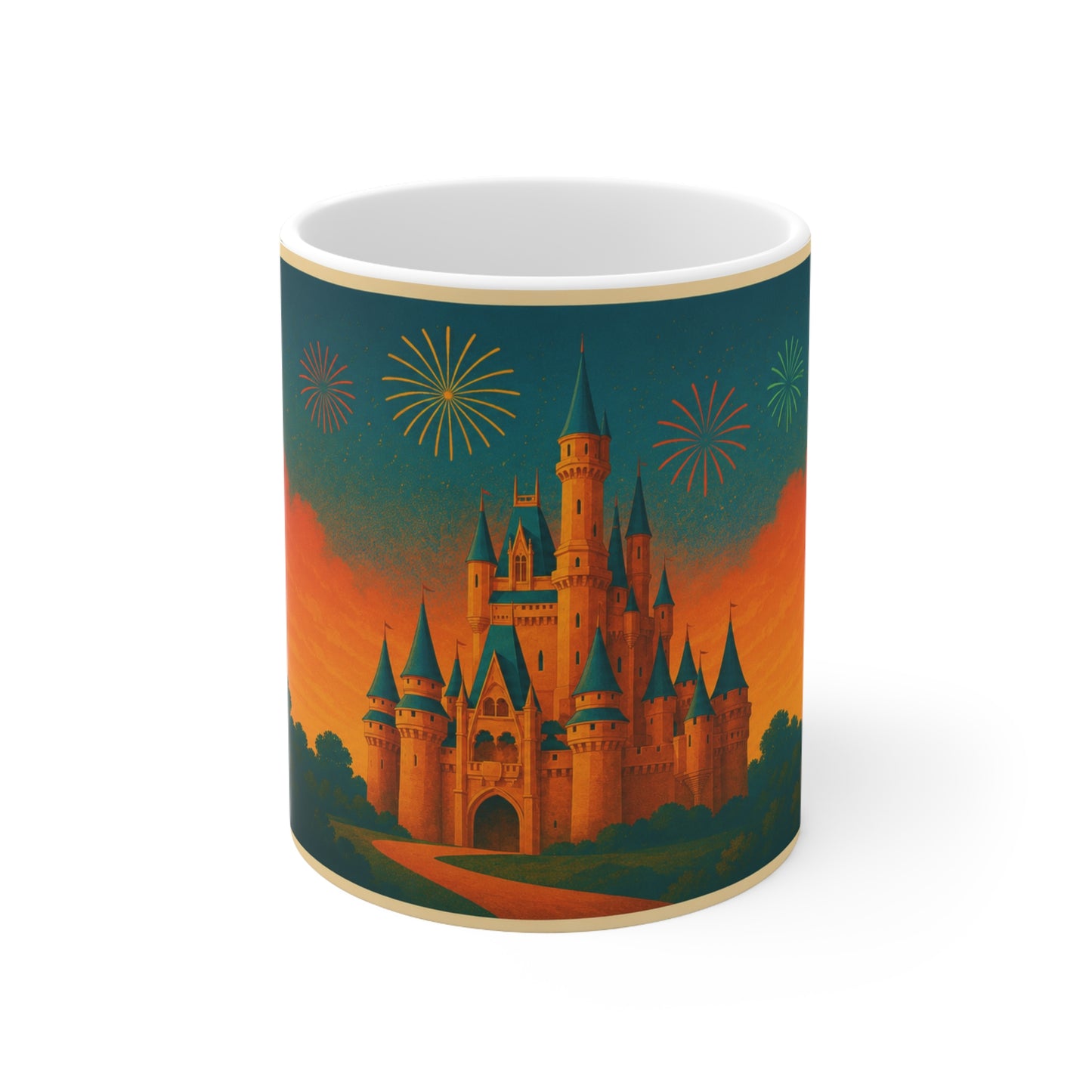 Castle Sunset Coffee Mug — Fairytale Castle with Fireworks Ceramic Mug (11oz & 15oz)