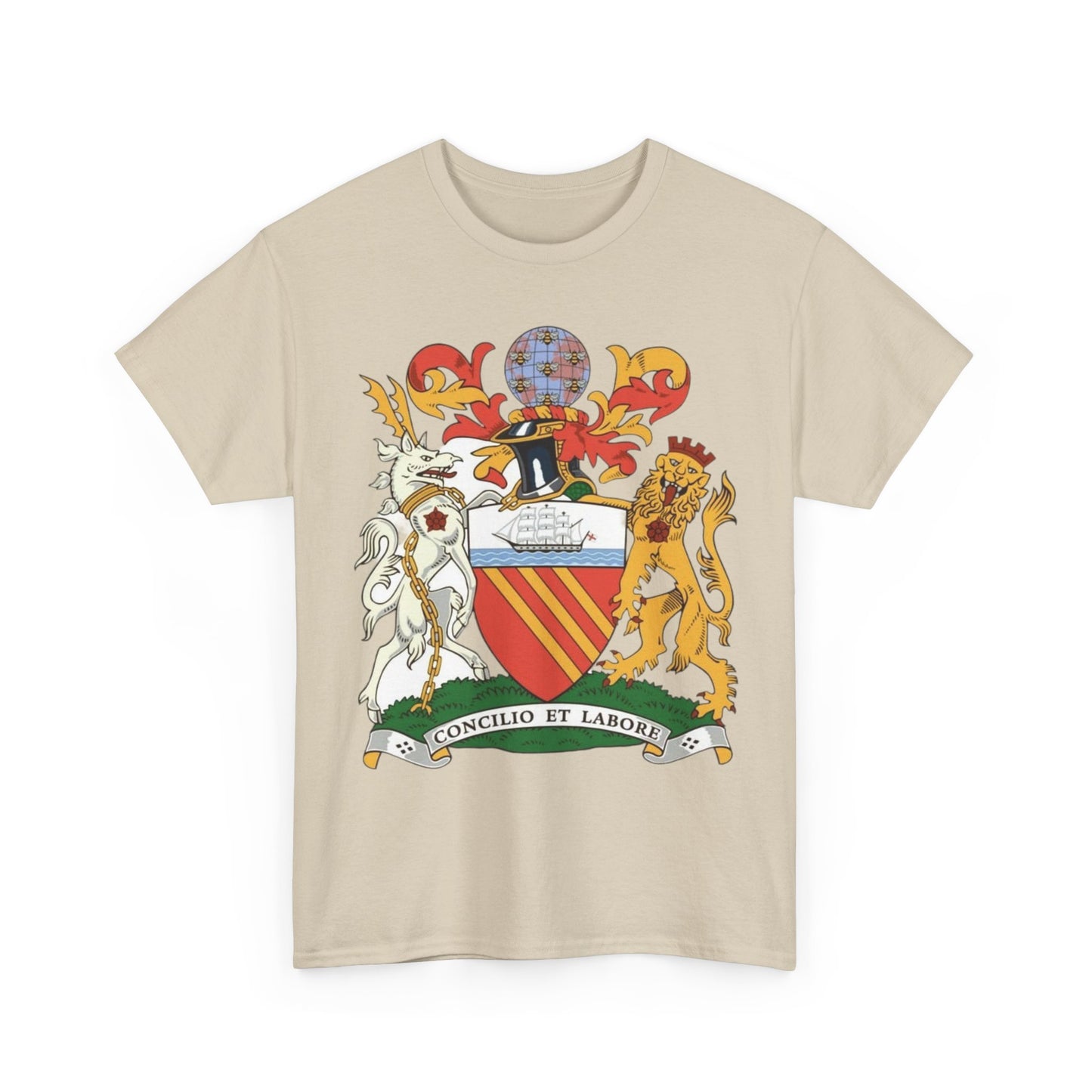 Manchester Coat of Arms Crest T‑Shirt — Heraldic Family Shield Tee with 'Concilio et Labore' Banner