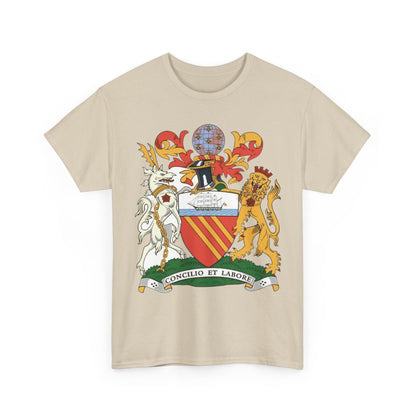 Manchester Coat of Arms Crest T‑Shirt — Heraldic Family Shield Tee with 'Concilio et Labore' Banner
