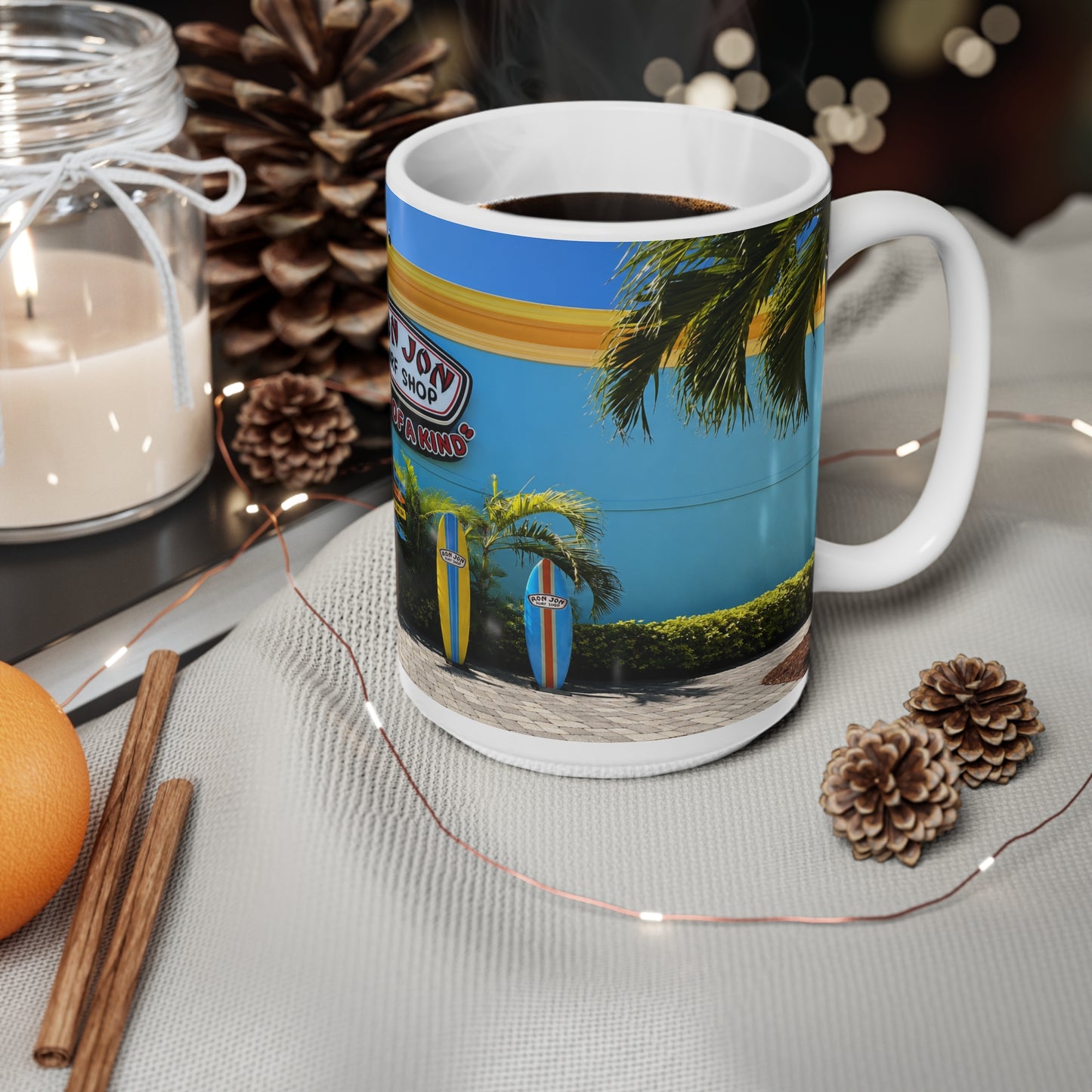 Ron Jon Surf Shop Photo Mug — Beach Surfboard Ceramic Coffee Cup (11oz & 15oz)
