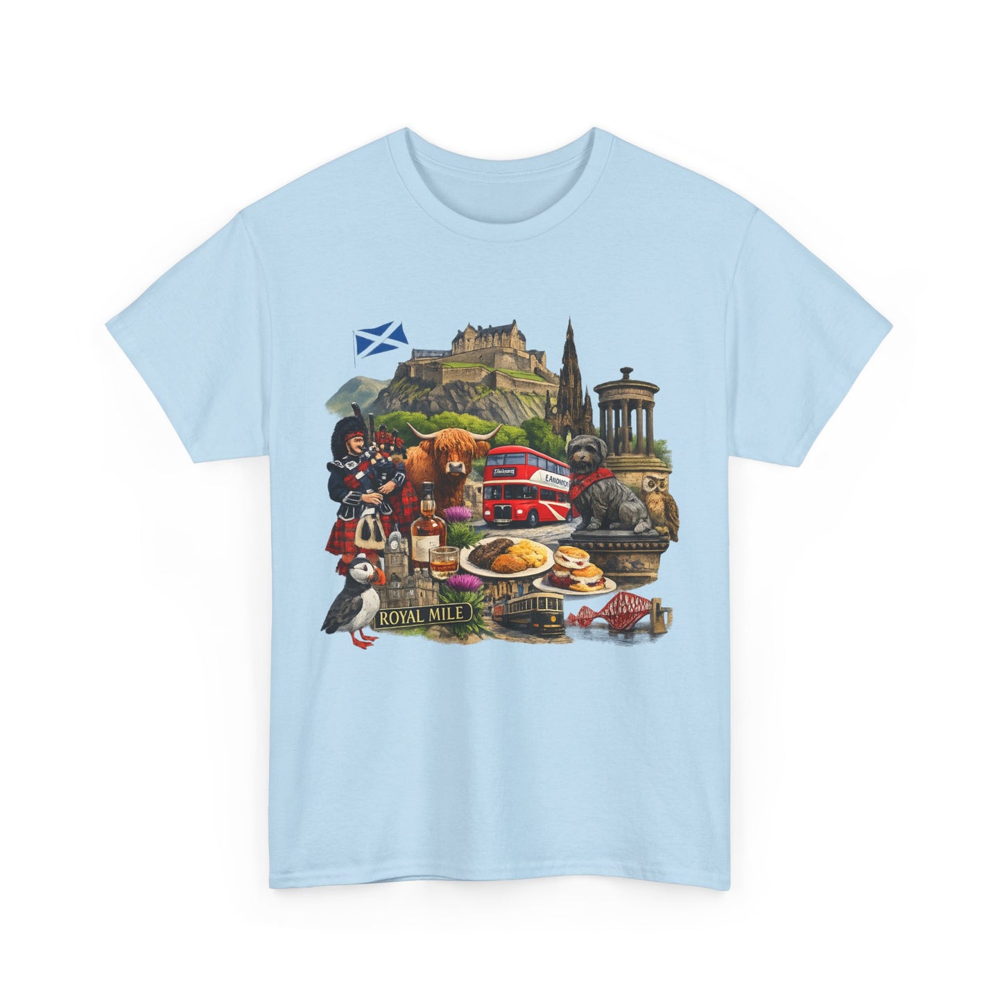 Scotland / Edinburgh Travel Collage T-Shirt — Edinburgh Castle, Bagpipes & Local Icons