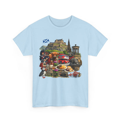 Scotland / Edinburgh Travel Collage T-Shirt — Edinburgh Castle, Bagpipes & Local Icons