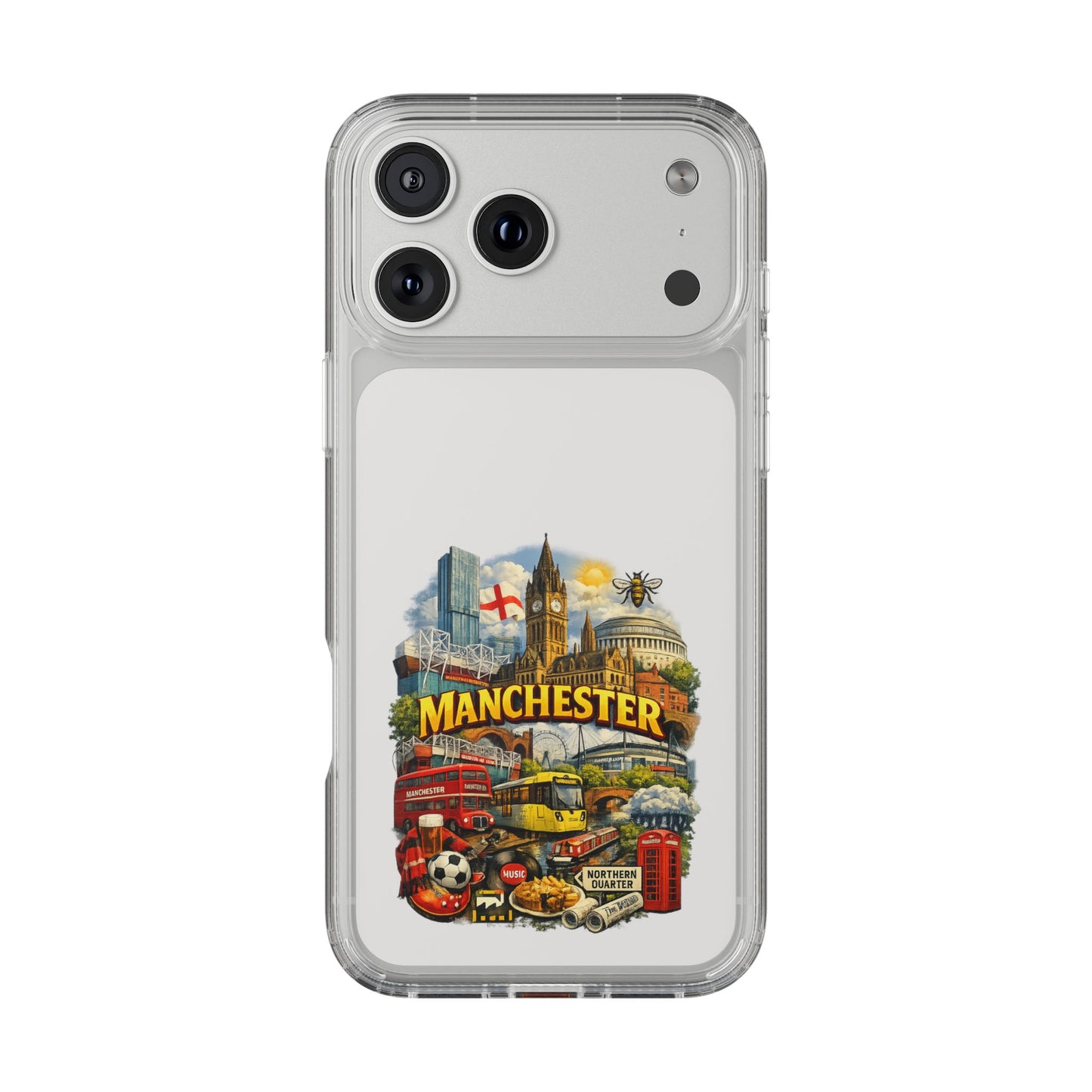 Manchester Landmark Clear Phone Case — Cityscape Collage Design