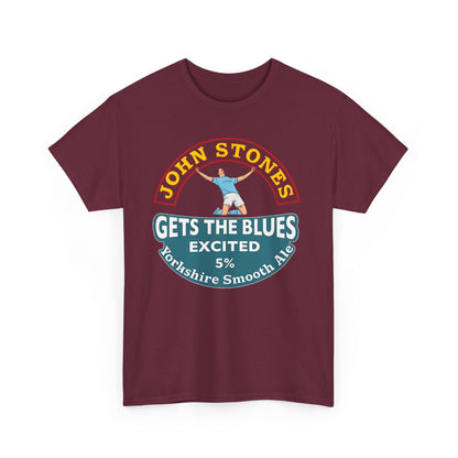 John Stones T-Shirt — "Gets The Blues Excited" Retro Ale Parody Tee