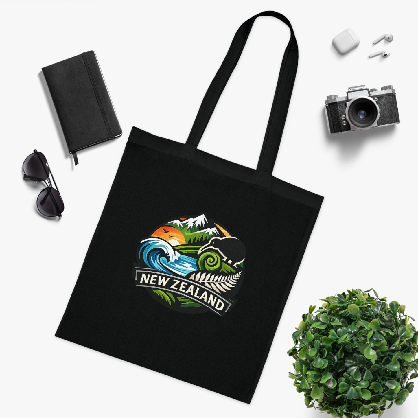 New Zealand Scenic Tote Bag — Kiwi, Fern & Mountain Cotton Shopper