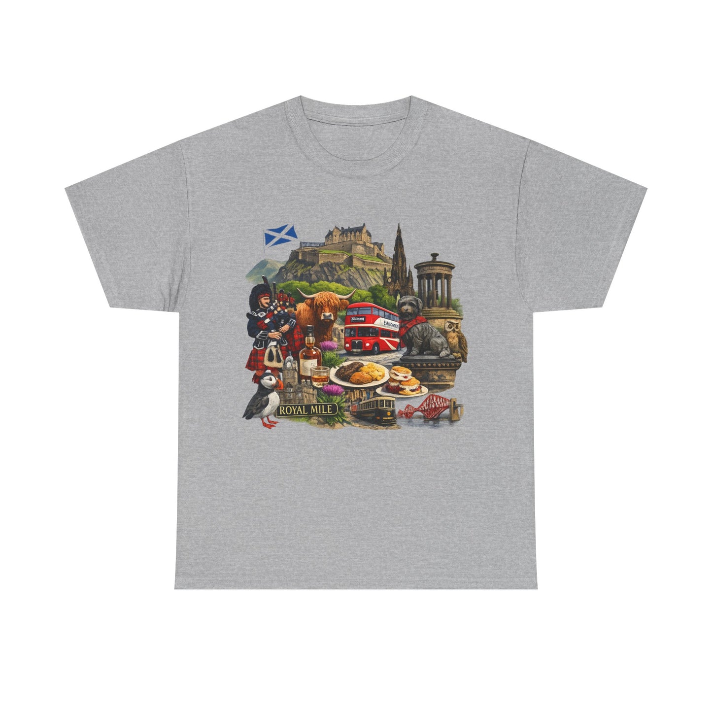 Scotland / Edinburgh Travel Collage T-Shirt — Edinburgh Castle, Bagpipes & Local Icons