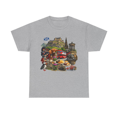 Scotland / Edinburgh Travel Collage T-Shirt — Edinburgh Castle, Bagpipes & Local Icons
