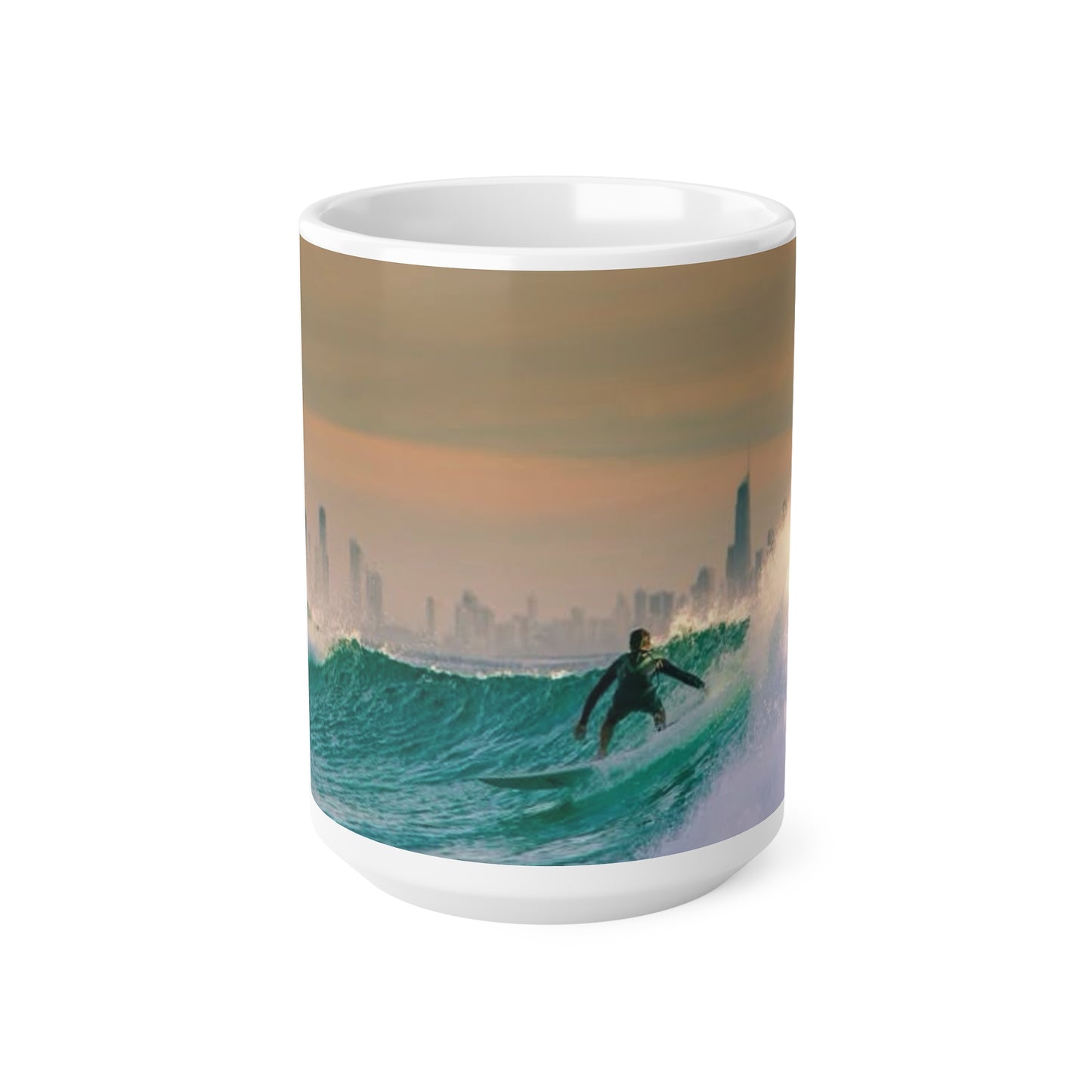 Surfer City Skyline Ceramic Coffee Mug – Ocean Wave Sunrise 11oz & 15oz