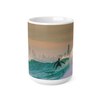 Surfer City Skyline Ceramic Coffee Mug – Ocean Wave Sunrise 11oz & 15oz
