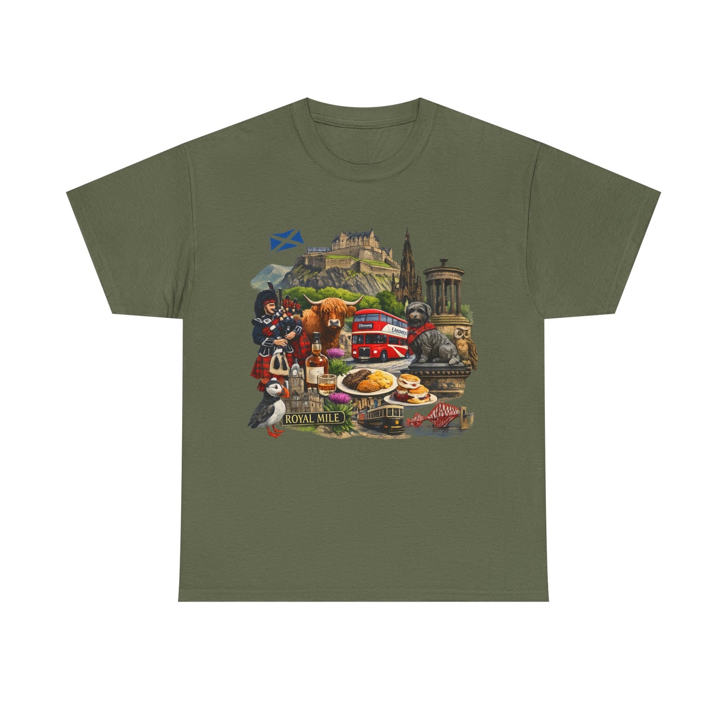Scotland / Edinburgh Travel Collage T-Shirt — Edinburgh Castle, Bagpipes & Local Icons