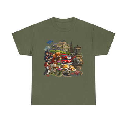 Scotland / Edinburgh Travel Collage T-Shirt — Edinburgh Castle, Bagpipes & Local Icons