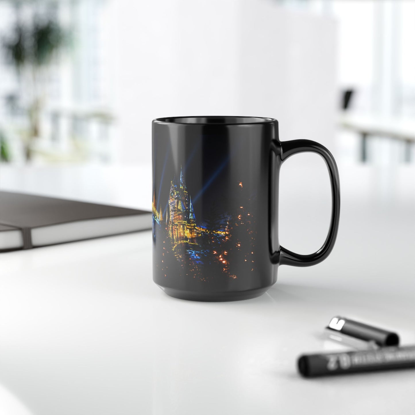 Hogwarts Night Castle Black Coffee Mug – Festive Illuminated Castle Panorama (11oz & 15oz)