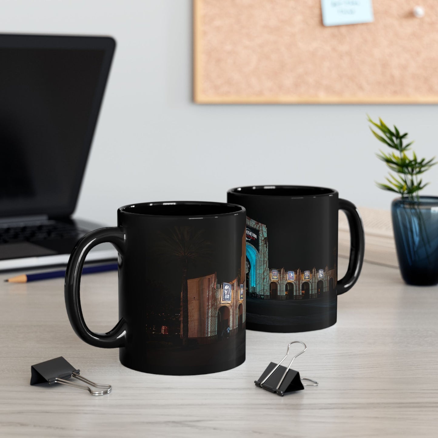 Universal HHN Black Ceramic Mug — Nighttime Theme Park Arch Photo (11oz & 15oz)