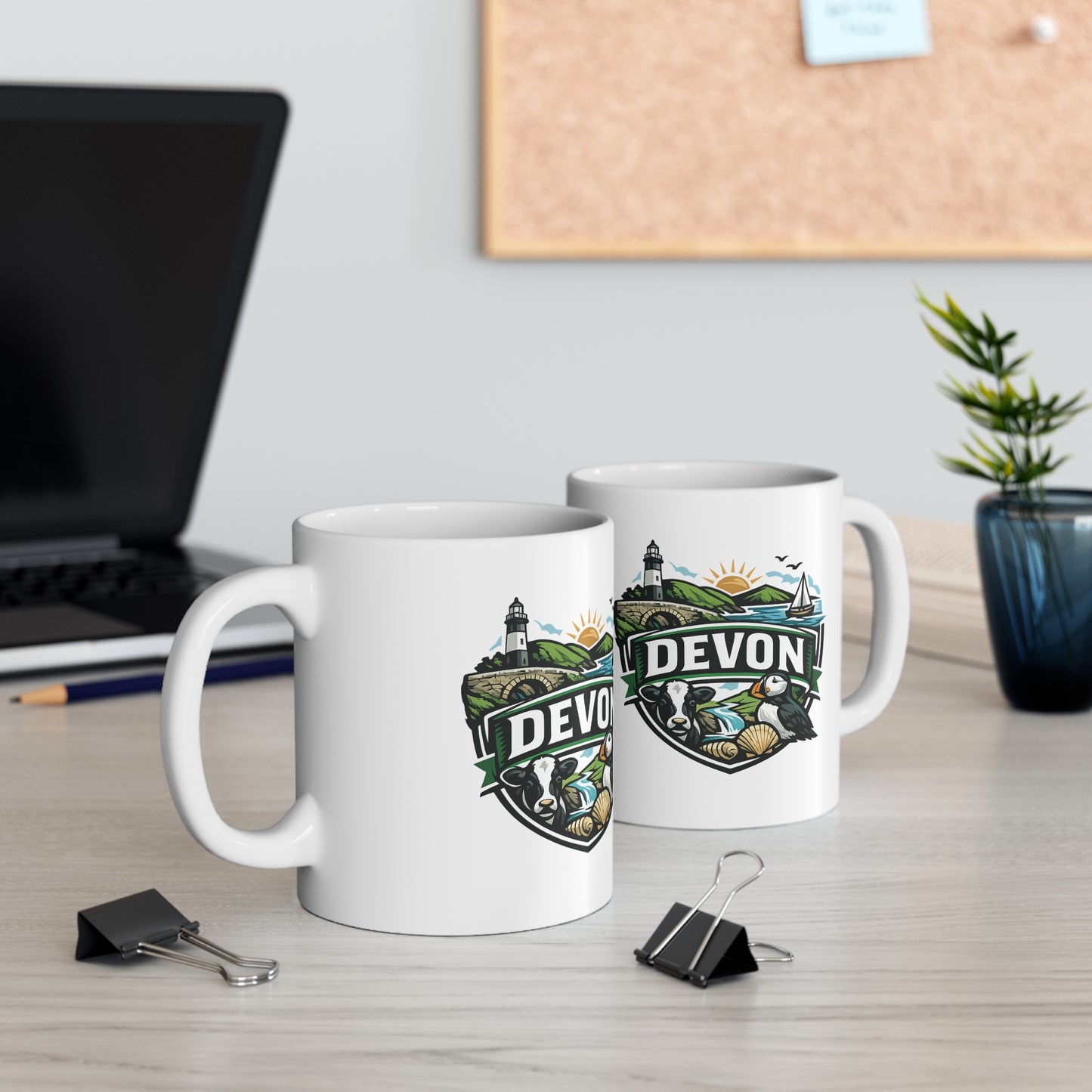 Devon Scenic Mug — Coastal Lighthouse, Puffin & Cow Ceramic Coffee Cup (11oz & 15oz)