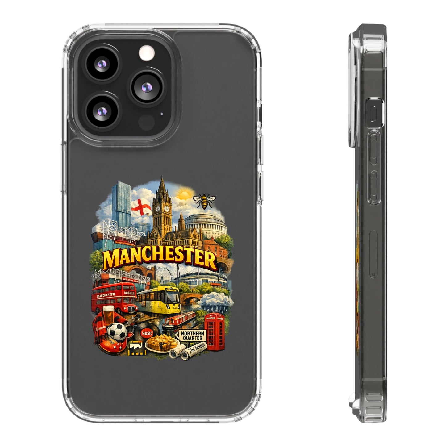 Manchester Landmark Clear Phone Case — Cityscape Collage Design