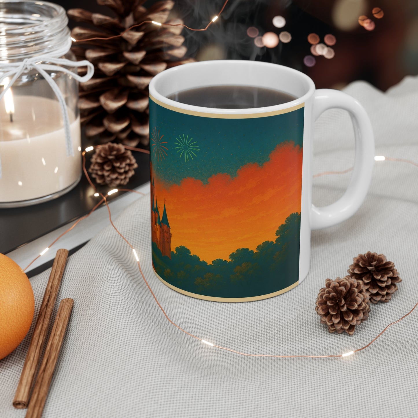 Castle Sunset Coffee Mug — Fairytale Castle with Fireworks Ceramic Mug (11oz & 15oz)