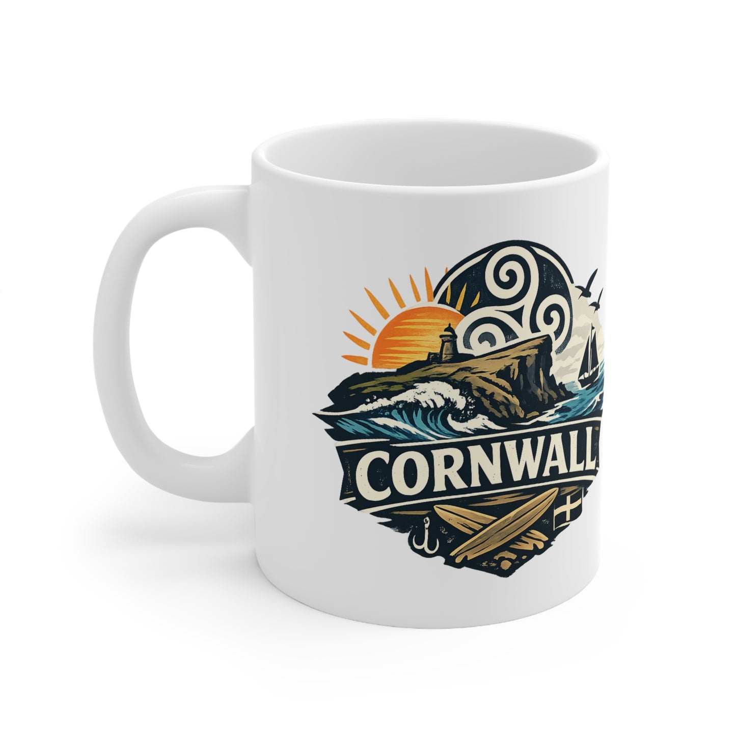 Cornwall Coastal Mug — Scenic Sunset Sail Ceramic Coffee Cup (11oz & 15oz)
